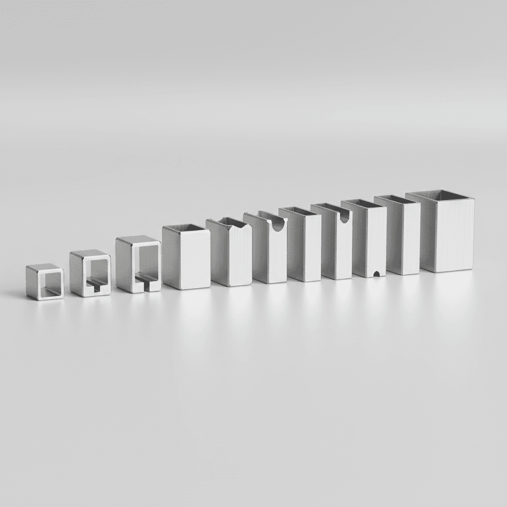 Assortment of aluminum tube and profile end caps in various shapes